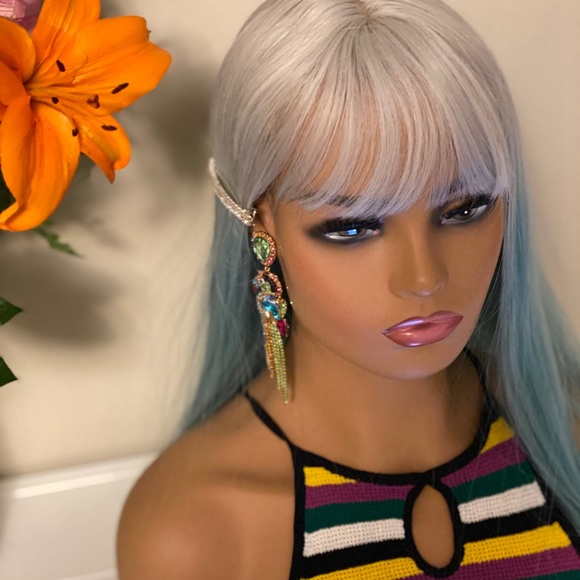 Silver to blue ombré bang straight wig - Picture 6 of 10